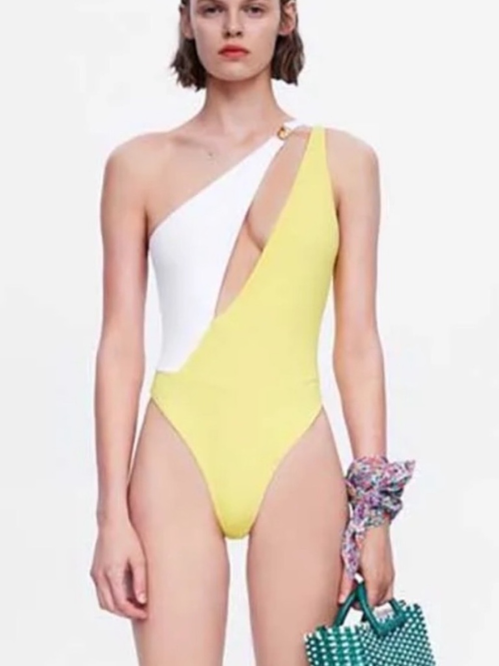 Zara Stylish Yellow and White Swimsuit asymmetric Medium butter yellow